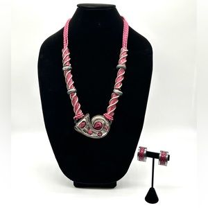 Wilma Spagli Necklace & Clip On Earrings Set ~Metal Berry Snakeskin Leather 32"